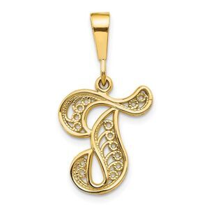 14k Yellow Gold, Maci Collection, LG Filigree Script Initial T Pendant